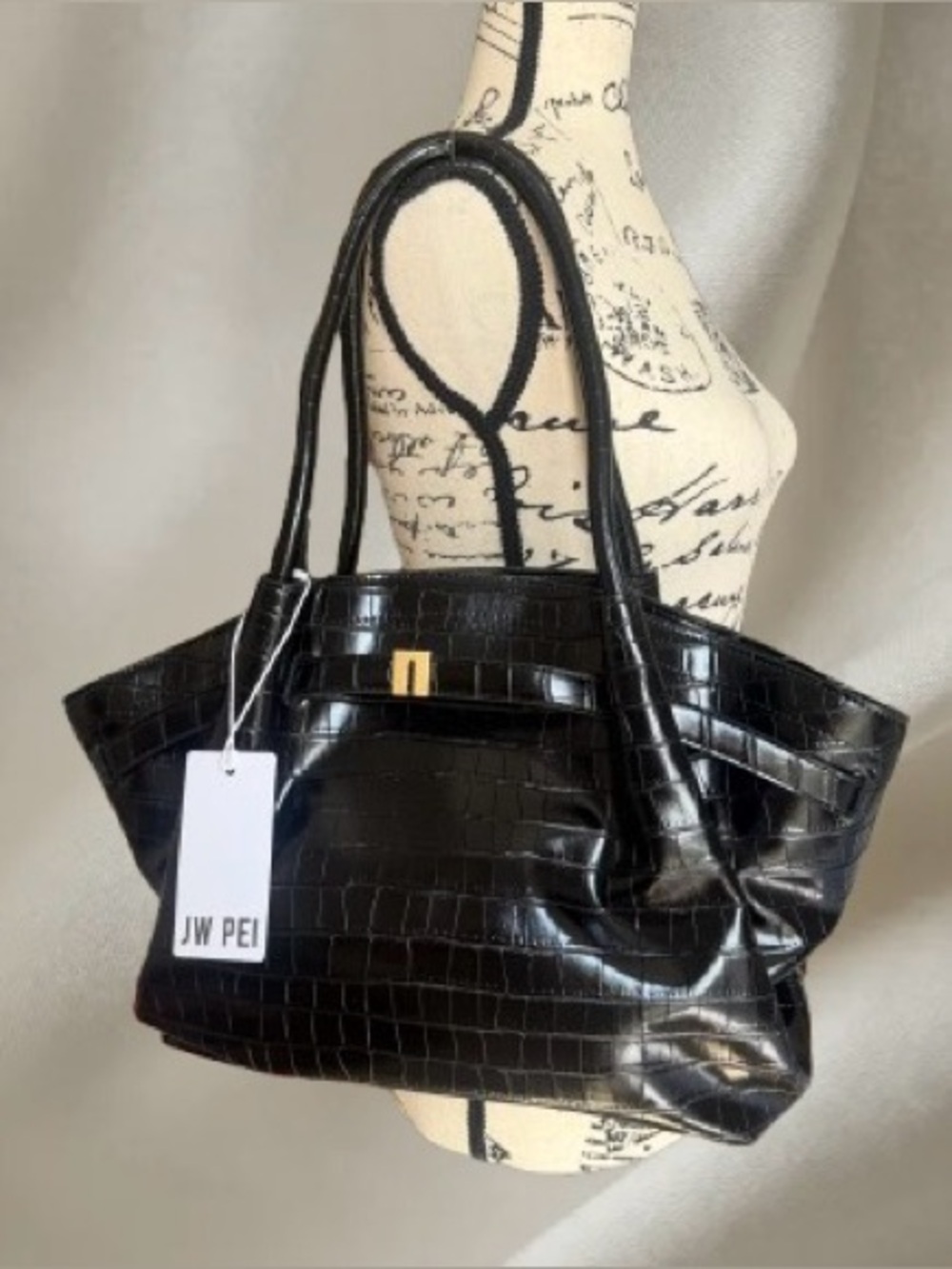 JW PEI Black Croc-Embossed Tote